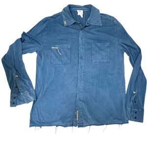 PROJECT E VINTAGE BLUE DISTRESSED LONG SLEEVE SNAP FRONT COTTON KNIT SHIRT